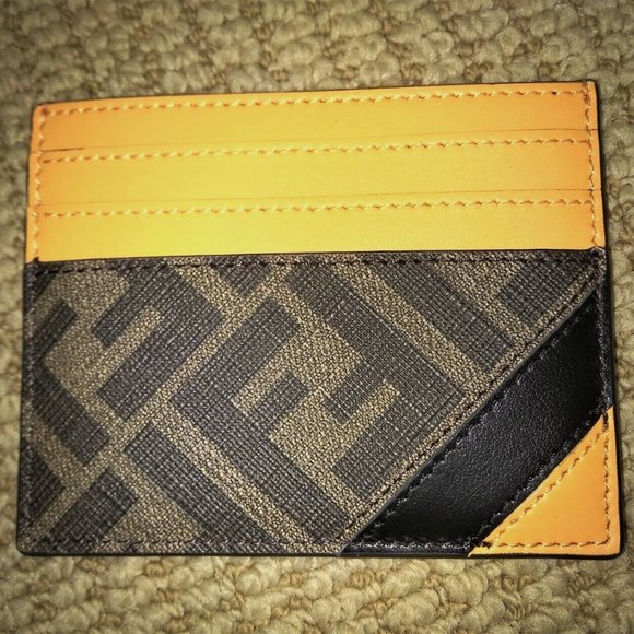FENDI 'FF Logo w/ Orange Detail' Authentic Men's Canvas/Leather Card Holder NWT! - Picture 1 of 15